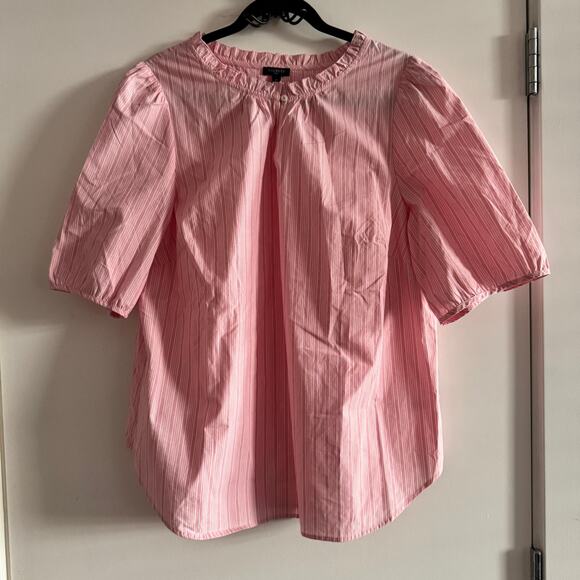 Talbots Ruffle Popover Blouse Red White Stripe Split Neck Elbow Sleeve Sz X - Picture 1 of 6